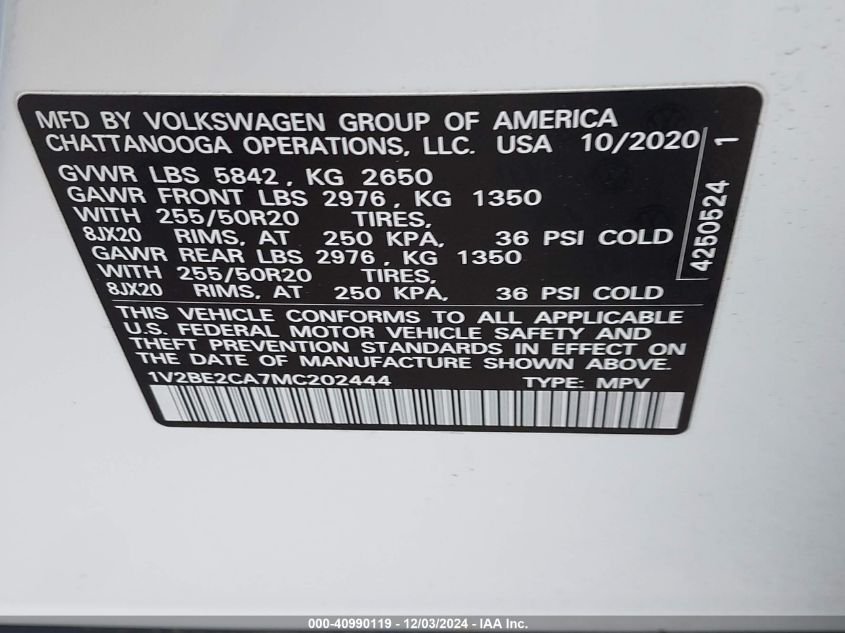 VIN 1V2BE2CA7MC202444 2021 Volkswagen Atlas, Cross... no.9