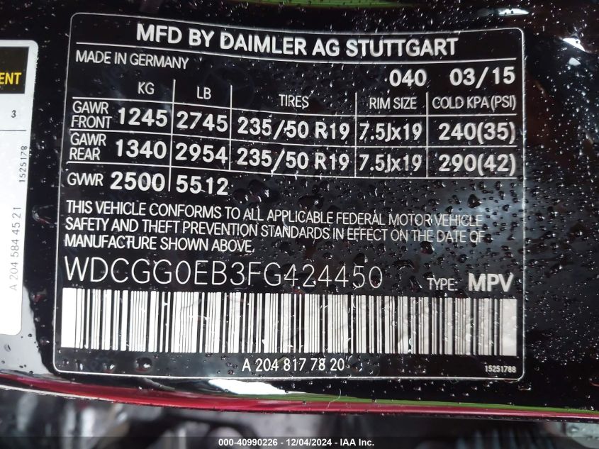 VIN WDCGG0EB3FG424450 2015 Mercedes-Benz Glk 250 Bl... no.9