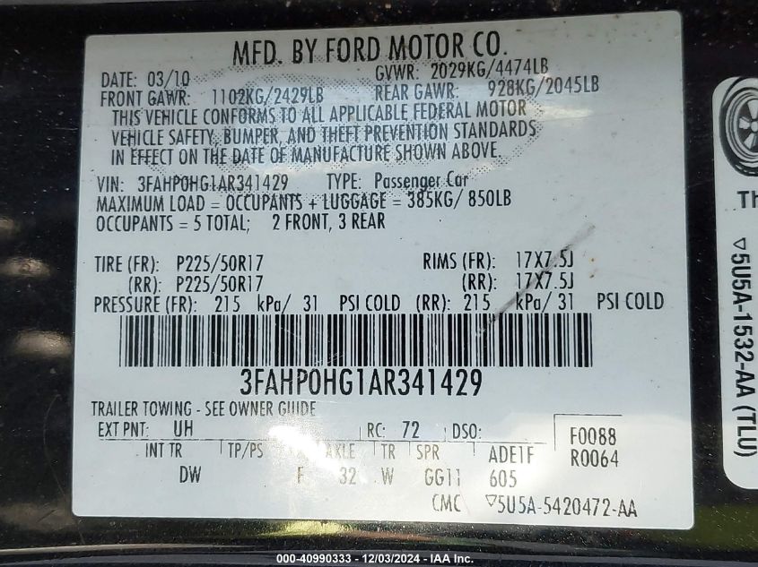 2010 Ford Fusion Se VIN: 3FAHP0HG1AR341429 Lot: 40990333