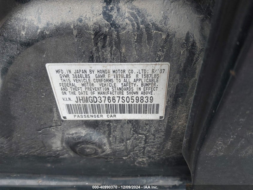2007 Honda Fit S VIN: JHMGD37667F059839 Lot: 40990370