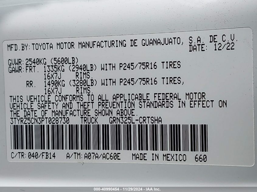 VIN 3TYRZ5CN3PT028730 2023 Toyota Tacoma, Sr V6 no.9