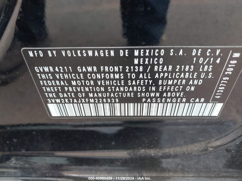 2015 VOLKSWAGEN JETTA VIN: 3VW2K7AJXFM226939