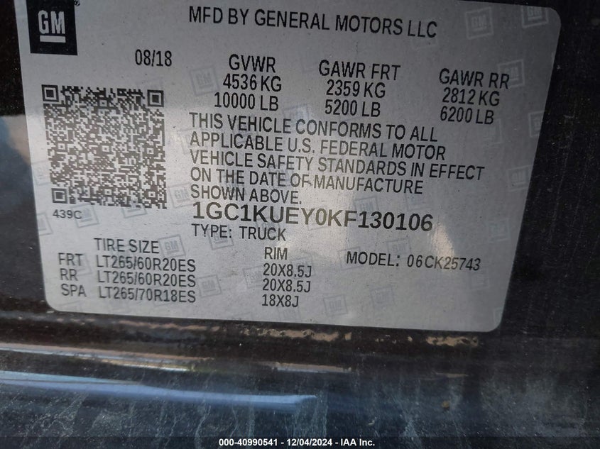 2019 CHEVROLET SILVERADO VIN: 1GC1KUEY0KF130106
