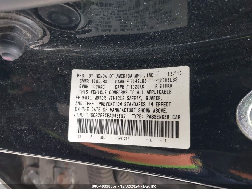 VIN 1HGCR2F3XEA098652 2014 Honda Accord, LX no.9