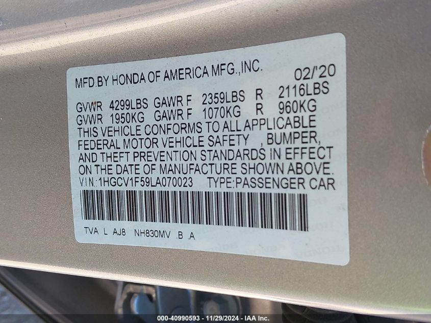 VIN 1HGCV1F59LA070023 2020 HONDA ACCORD no.9