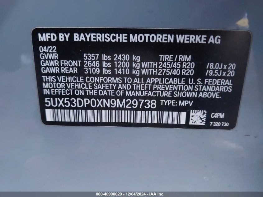 VIN 5UX53DP0XN9M29738 2022 BMW X3, Xdrive30I no.9