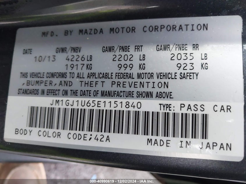 2014 MAZDA MAZDA6 VIN: JM1GJ1U65E1151840