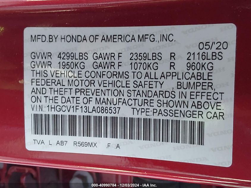 VIN 1HGCV1F13LA086537 2020 HONDA ACCORD no.9