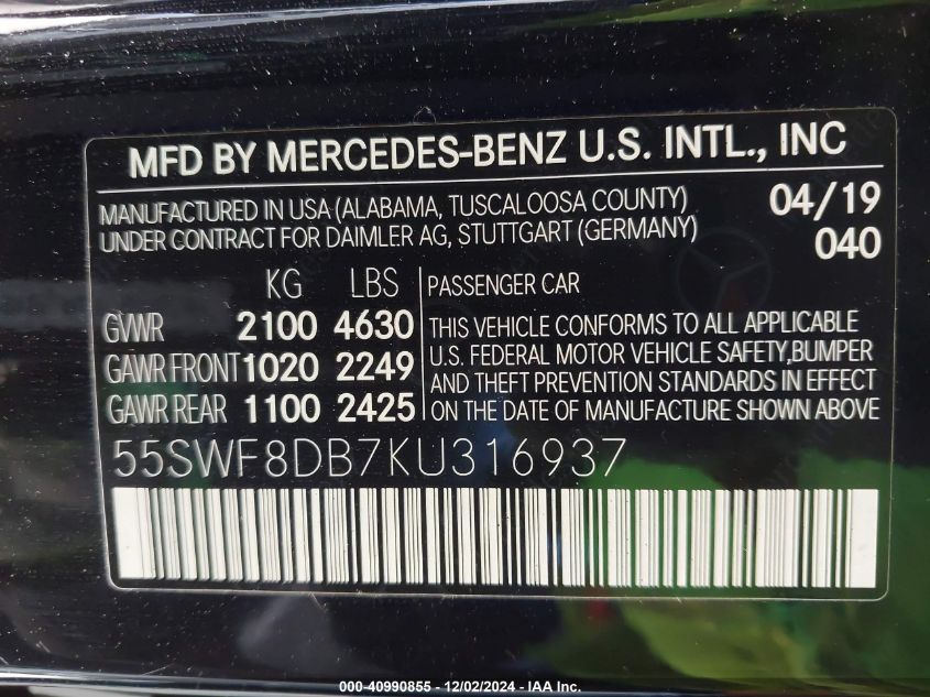 VIN 55SWF8DB7KU316937 2019 MERCEDES-BENZ C 300 no.9