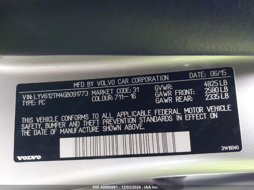 VIN LYV612TM4GB091773 2016 Volvo S60, Inscription T... no.9