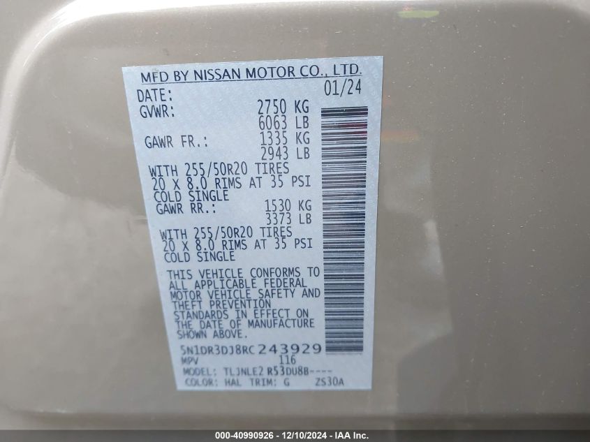 2024 Nissan Pathfinder Platinum VIN: 5N1DR3DJ8RC243929 Lot: 40990926