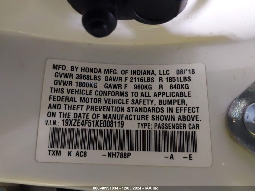 2019 Honda Insight Ex VIN: 19XZE4F51KE008119 Lot: 40991034