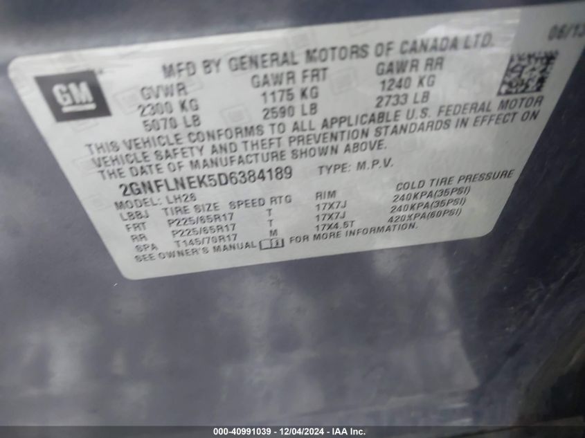 VIN 2GNFLNEK5D6384189 2013 Chevrolet Equinox, 2LT no.9