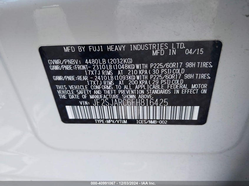 2015 SUBARU FORESTER 2.5I LIMITED - JF2SJARC6FH816425