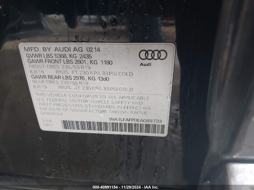 2014 Audi Q5 2.0T Premium VIN: WA1LFAFP0EA089733 Lot: 40991154