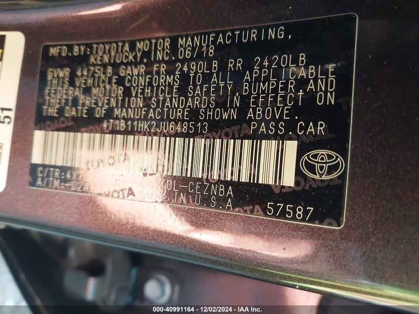 2018 TOYOTA CAMRY VIN: 4T1B11HK2JU648513