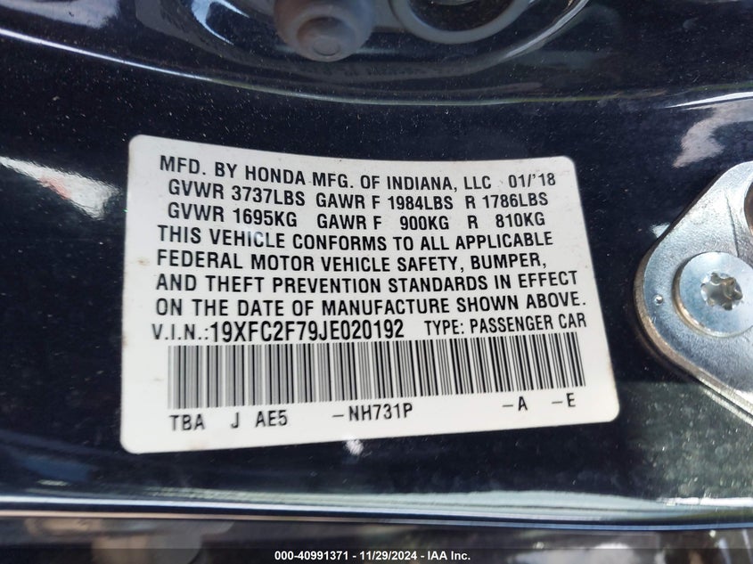 VIN 19XFC2F79JE020192 2018 HONDA CIVIC EX