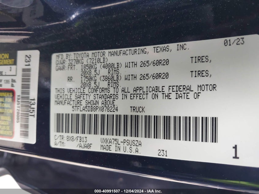 2023 TOYOTA TUNDRA VIN: 5TFLA5DB8PX078224