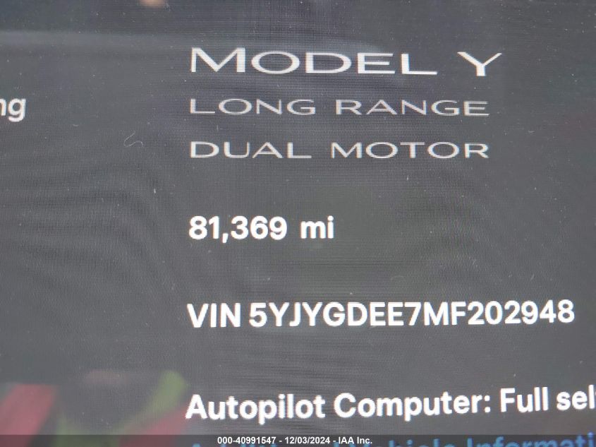 VIN 5YJYGDEE7MF202948 2021 Tesla Model Y, Long Rang... no.15