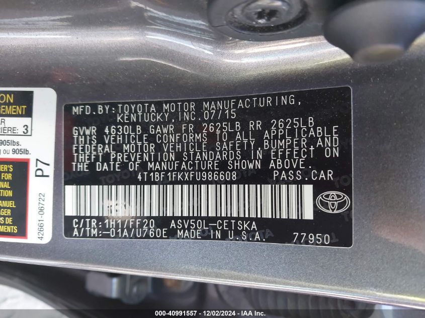 VIN 4T1BF1FKXFU986608 2015 Toyota Camry, SE no.9