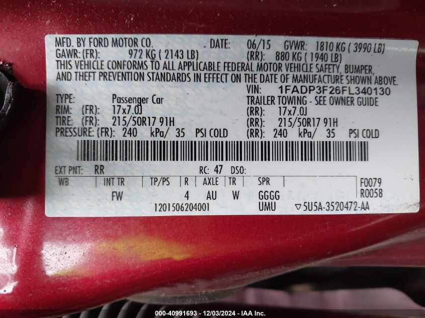 VIN 1FADP3F26FL340130 2015 Ford Focus, SE no.9