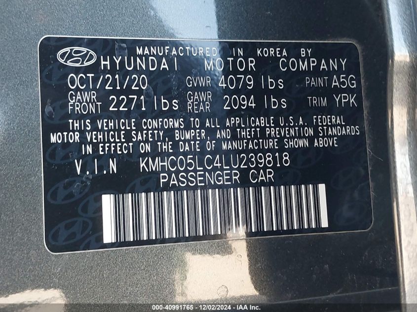 2020 Hyundai Ioniq Limited VIN: KMHC05LC4LU239818 Lot: 40991765