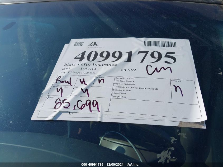 2000 Toyota Sienna Xle VIN: 4T3ZF13C0YU283539 Lot: 40991795