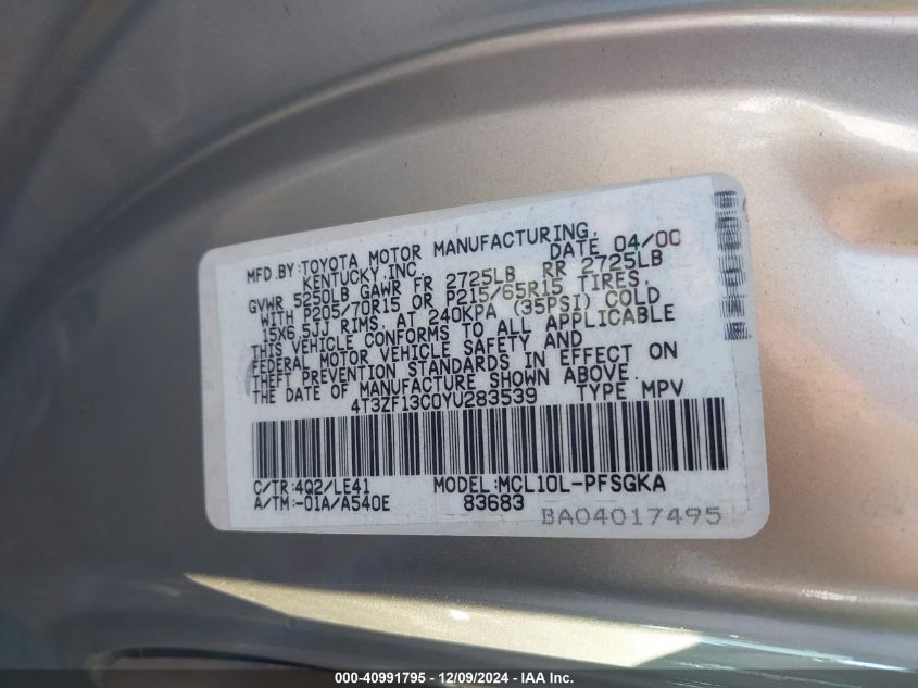 2000 Toyota Sienna Xle VIN: 4T3ZF13C0YU283539 Lot: 40991795