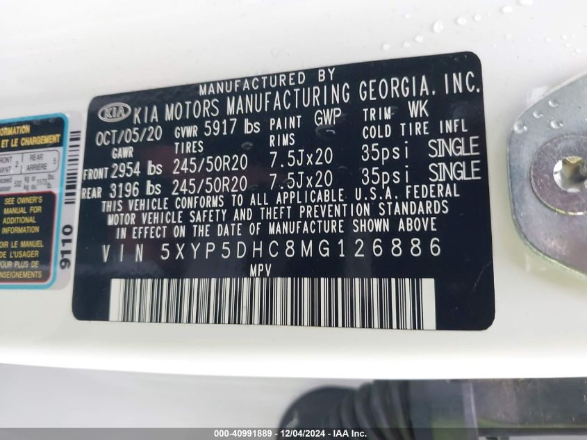 2021 Kia Telluride Sx VIN: 5XYP5DHC8MG126886 Lot: 40991889