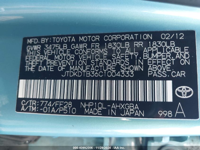 2012 Toyota Prius C Three VIN: JTDKDTB36C1004333 Lot: 40992006