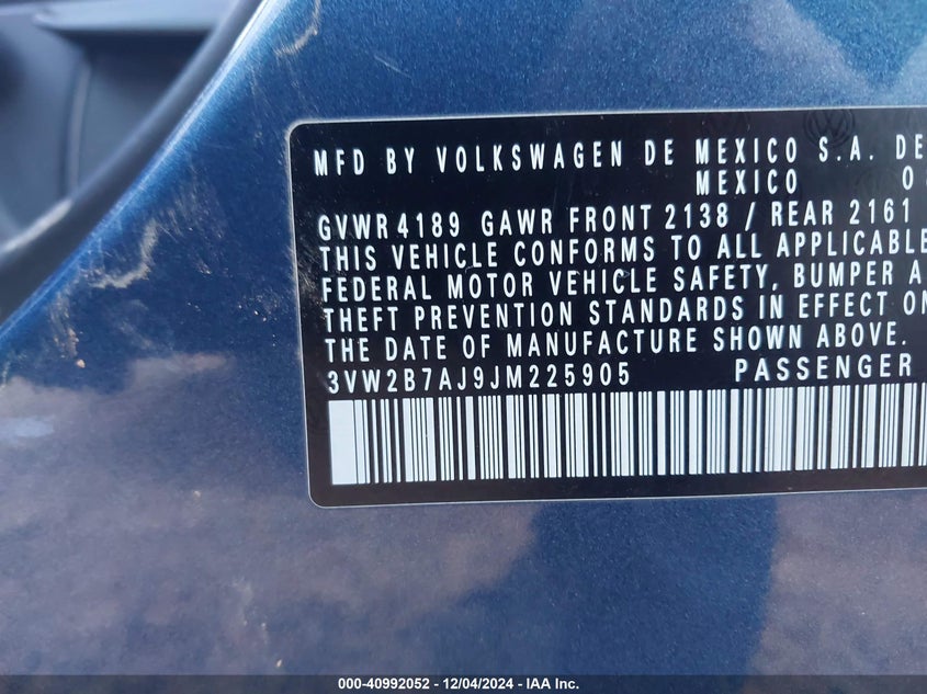 2018 VOLKSWAGEN JETTA VIN: 3VW2B7AJ9JM225905