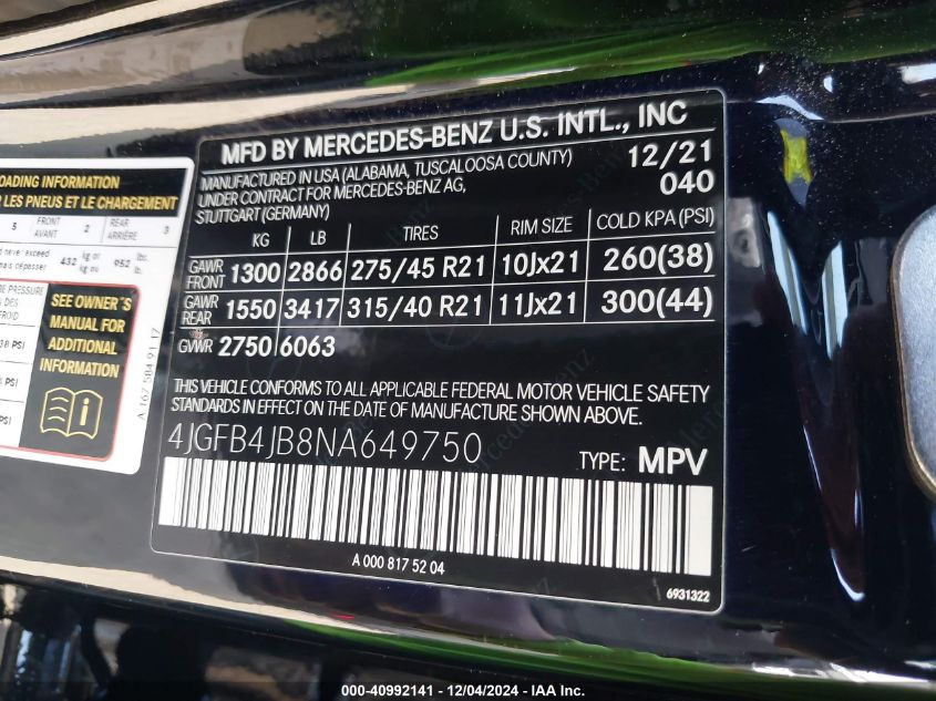 2022 Mercedes-Benz Gle 350 VIN: 4JGFB4JB8NA649750 Lot: 40992141