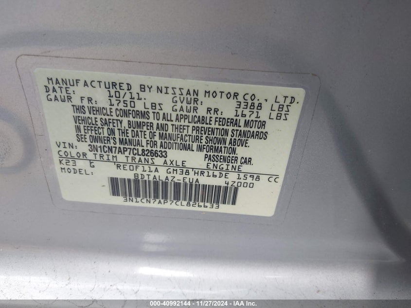 2012 Nissan Versa 1.6 S VIN: 3N1CN7AP7CL826633 Lot: 40992144