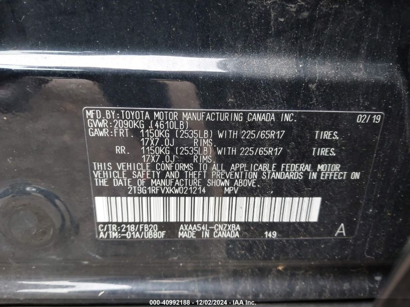 VIN 2T3G1RFVXKW021214 2019 TOYOTA RAV4 no.9