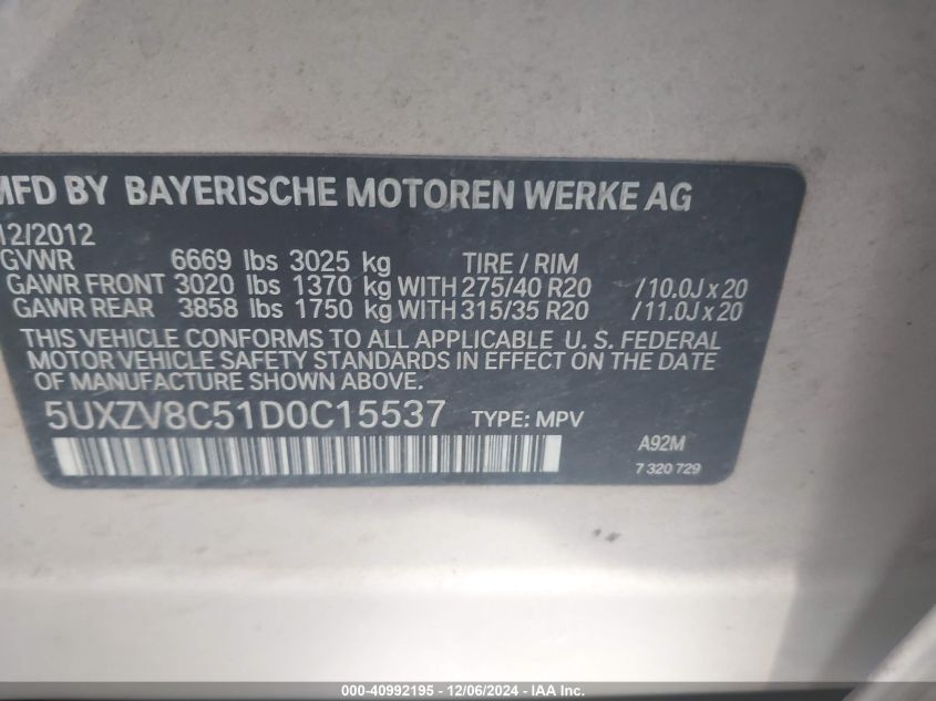 VIN 5UXZV8C51D0C15537 2013 BMW X5, Xdrive50I no.9