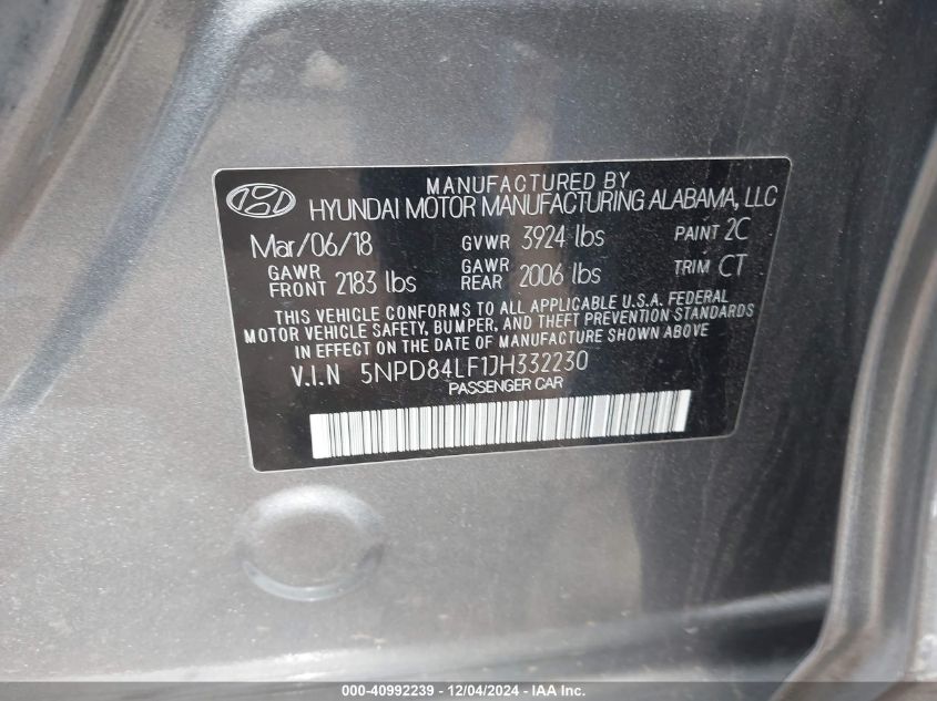 VIN 5NPD84LF1JH332230 2018 Hyundai Elantra, Sel no.9