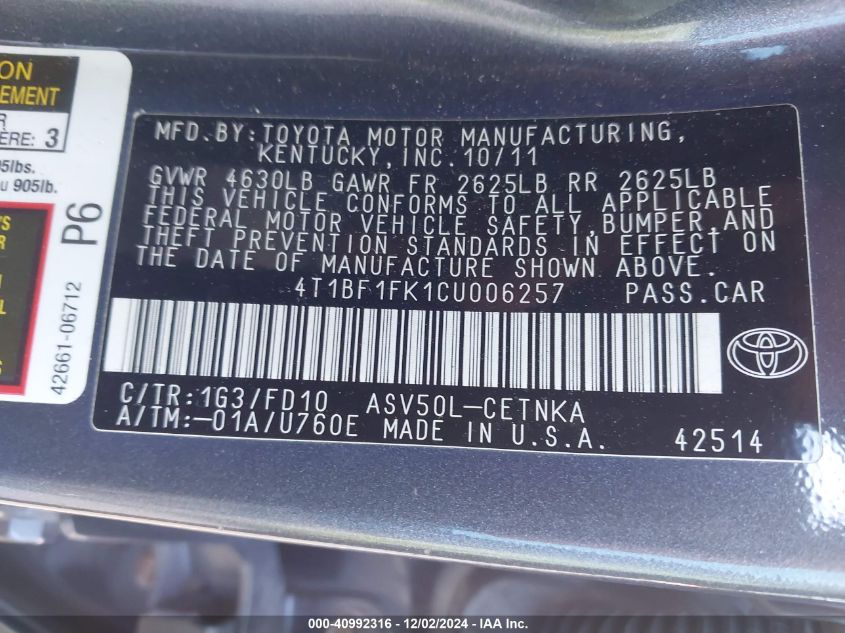 2012 TOYOTA CAMRY VIN: 4T1BF1FK1CU006257
