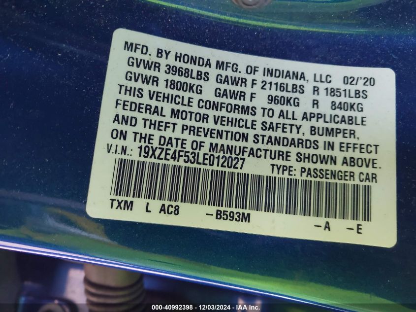 2020 Honda Insight Ex VIN: 19XZE4F53LE012027 Lot: 40992398