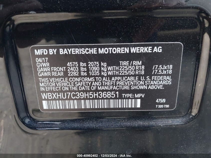 VIN WBXHU7C39H5H36851 2017 BMW X1, Sdrive28I no.9