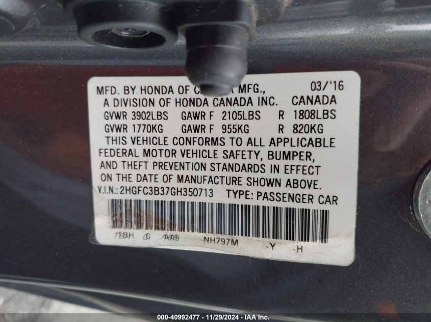 VIN 2HGFC3B37GH350713 2016 Honda Civic, Ex-T no.9