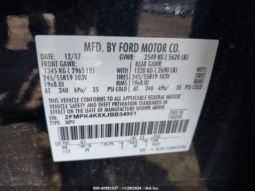 VIN 2FMPK4K8XJBB34951 2018 FORD EDGE no.9