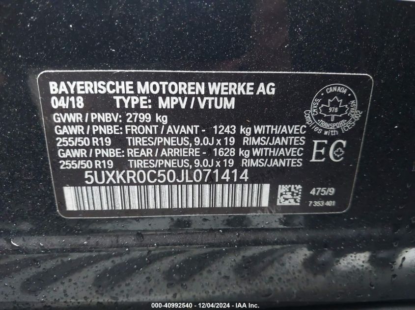 VIN 5UXKR0C50JL071414 2018 BMW X5, Xdrive35I no.9