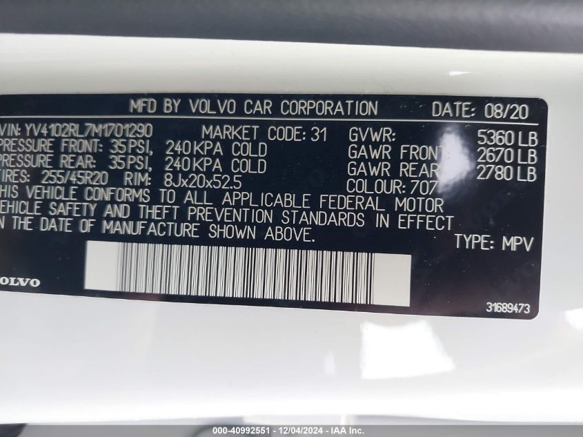 VIN YV4102RL7M1701290 2021 Volvo XC60, T5 Inscription no.9