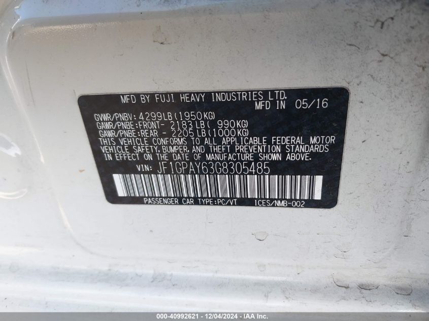 VIN JF1GPAY63G8305485 2016 Subaru Impreza, 2.0I Spo... no.9