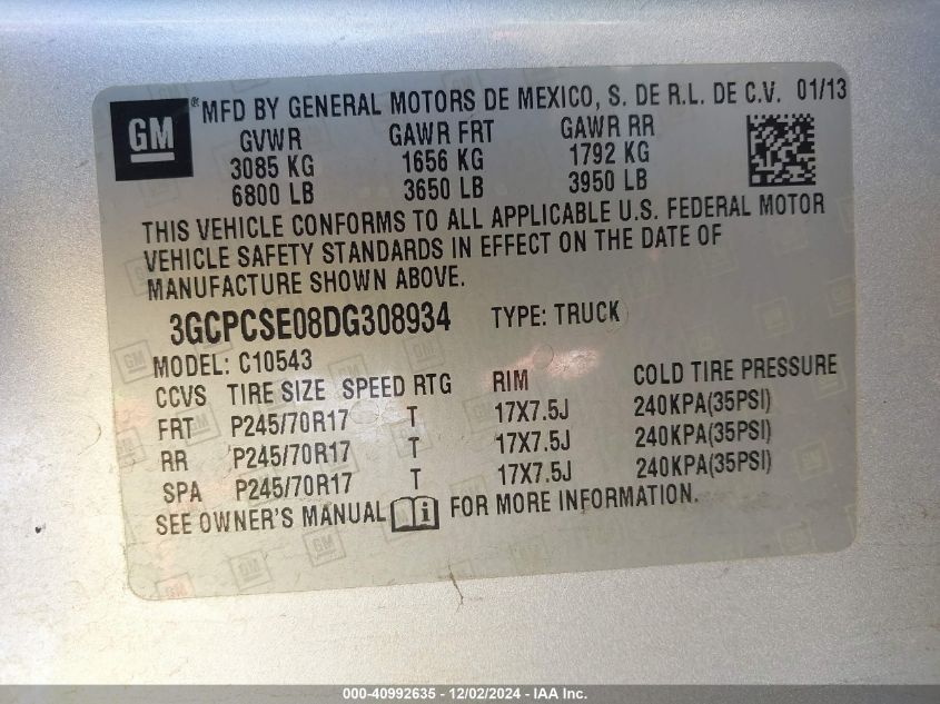 VIN 3GCPCSE08DG308934 2013 CHEVROLET SILVERADO 1500 no.9