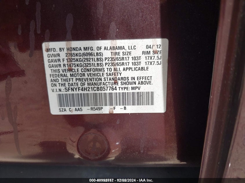 2012 Honda Pilot Lx VIN: 5FNYF4H21CB057764 Lot: 40992757