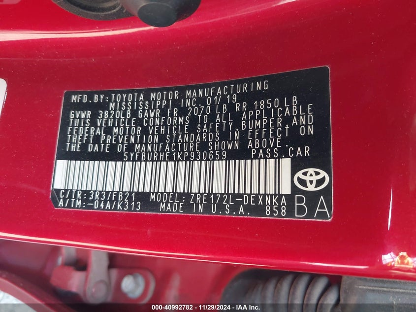 2019 TOYOTA COROLLA VIN: 5YFBURHE1KP930659