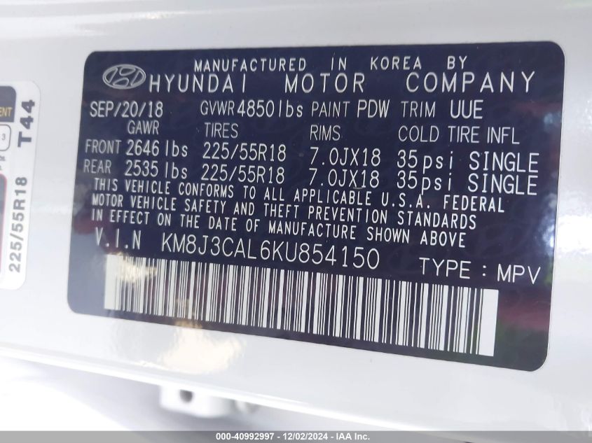 VIN KM8J3CAL6KU854150 2019 Hyundai Tucson, Ultimate no.9