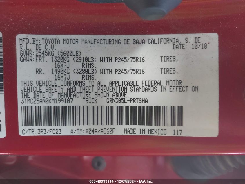 VIN 3TMCZ5AN0KM199187 2019 TOYOTA TACOMA SR5 V6