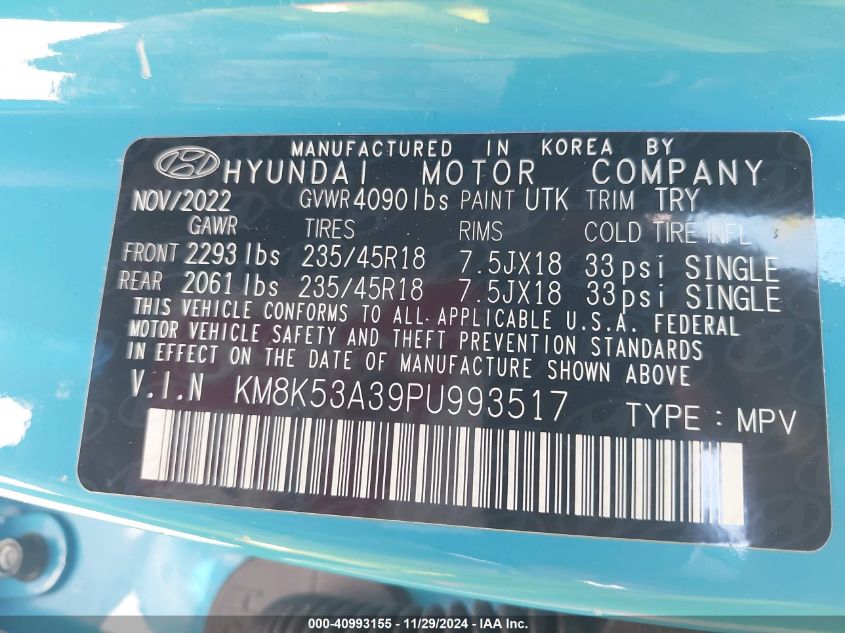 VIN KM8K53A39PU993517 2023 Hyundai Kona, Limited no.9